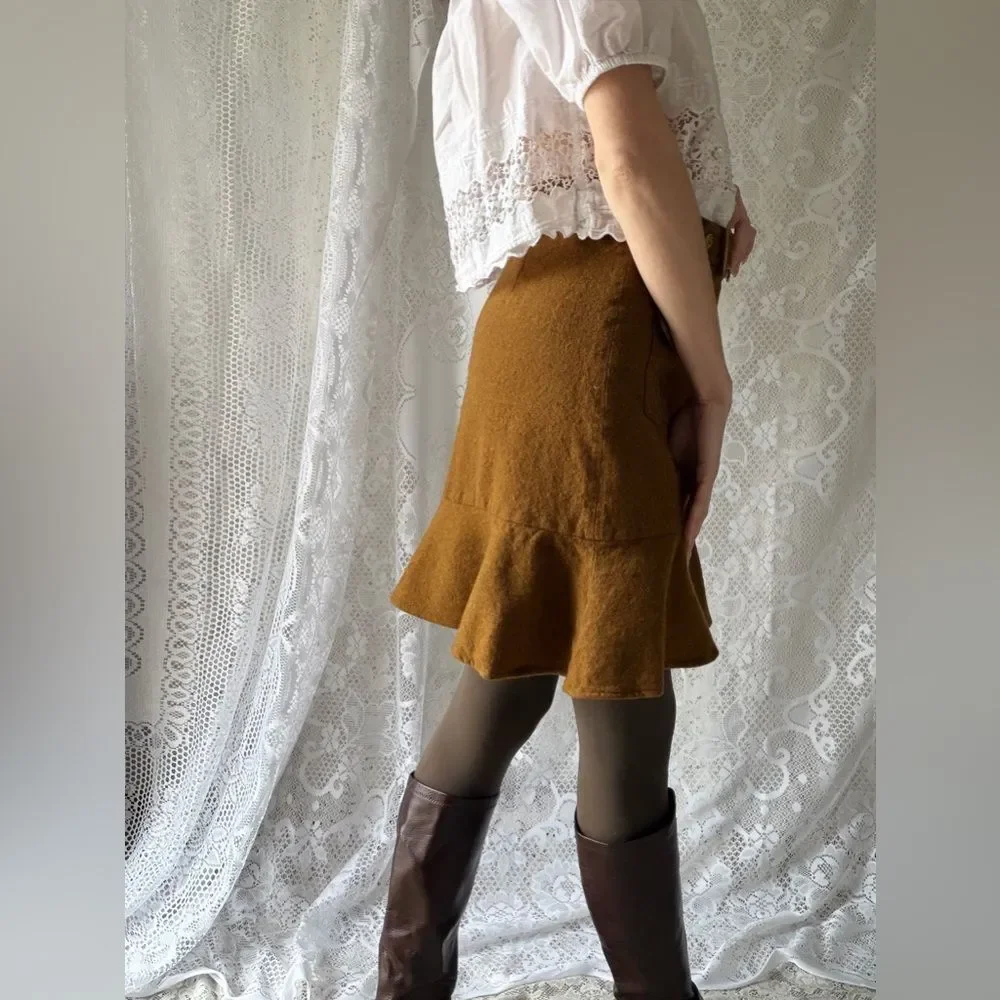 Vintage Inspired Mustard Wool Cargo Mini Skirt Buckle Flounce Hem